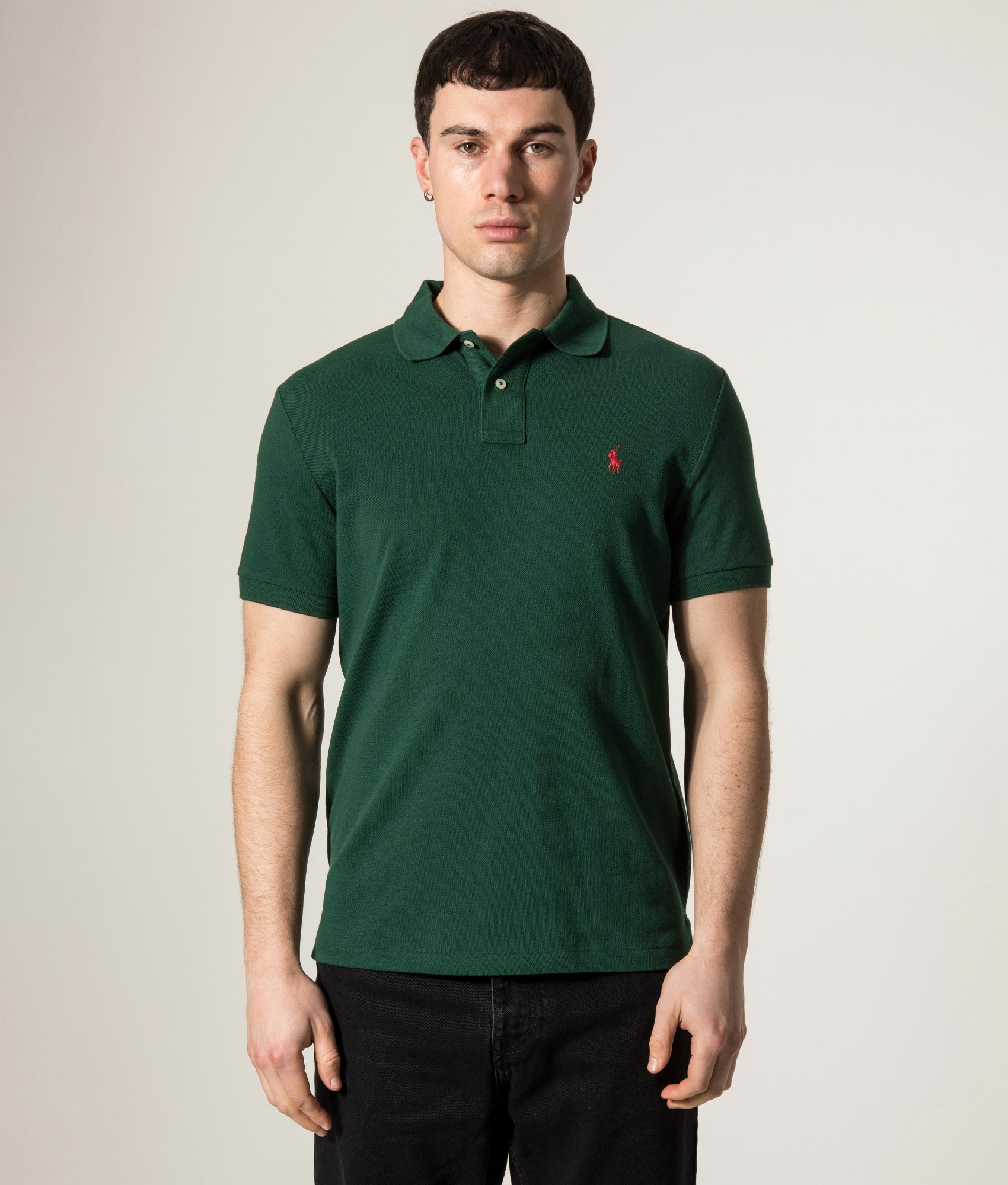 Polo Ralph Lauren Custom Slim Fit Mesh Polo Shirt in College Green at EQVVS Menswear. Model shot.