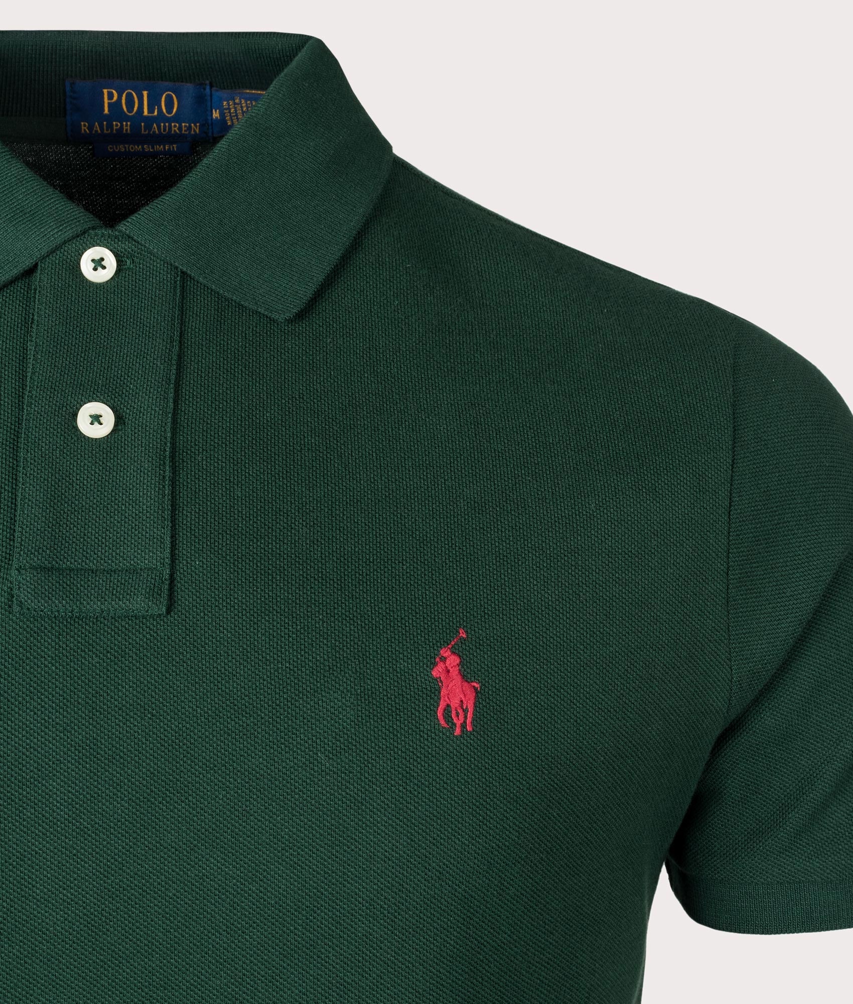 Polo Ralph Lauren Custom Slim Fit Mesh Polo Shirt in College Green at EQVVS Menswear. Detail shot.