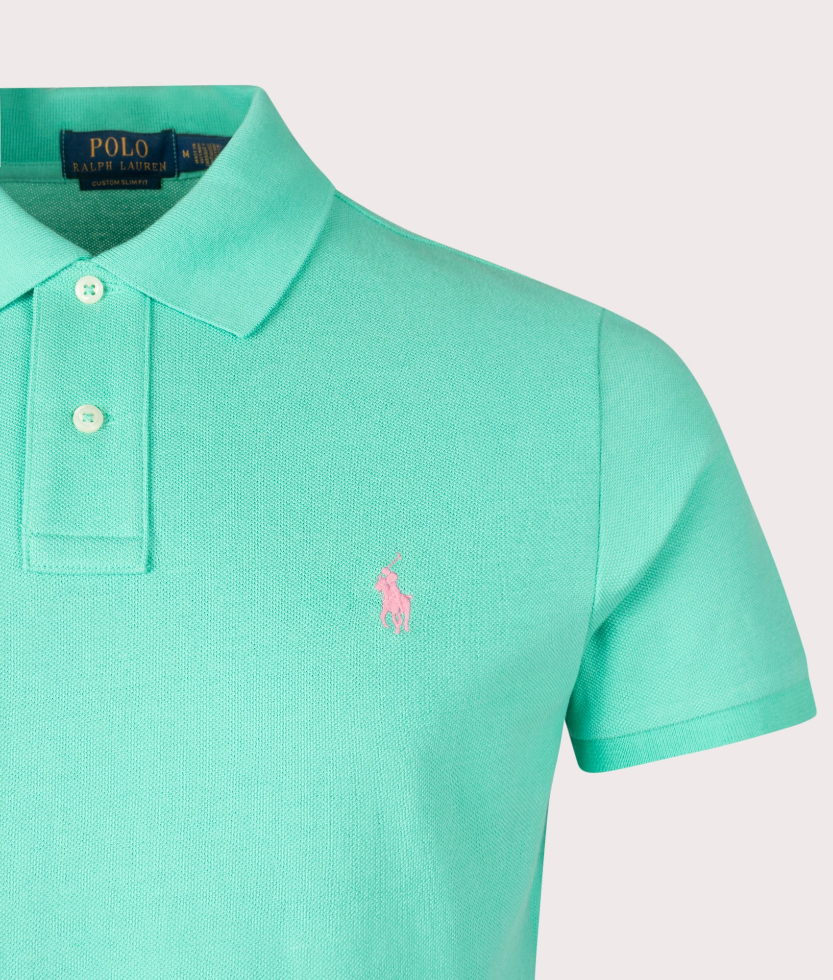Custom Slim Fit Mesh Polo Shirt in Sunset Green | 100% Cotton | Polo Ralph Lauren | EQVVS | Front detail shot 