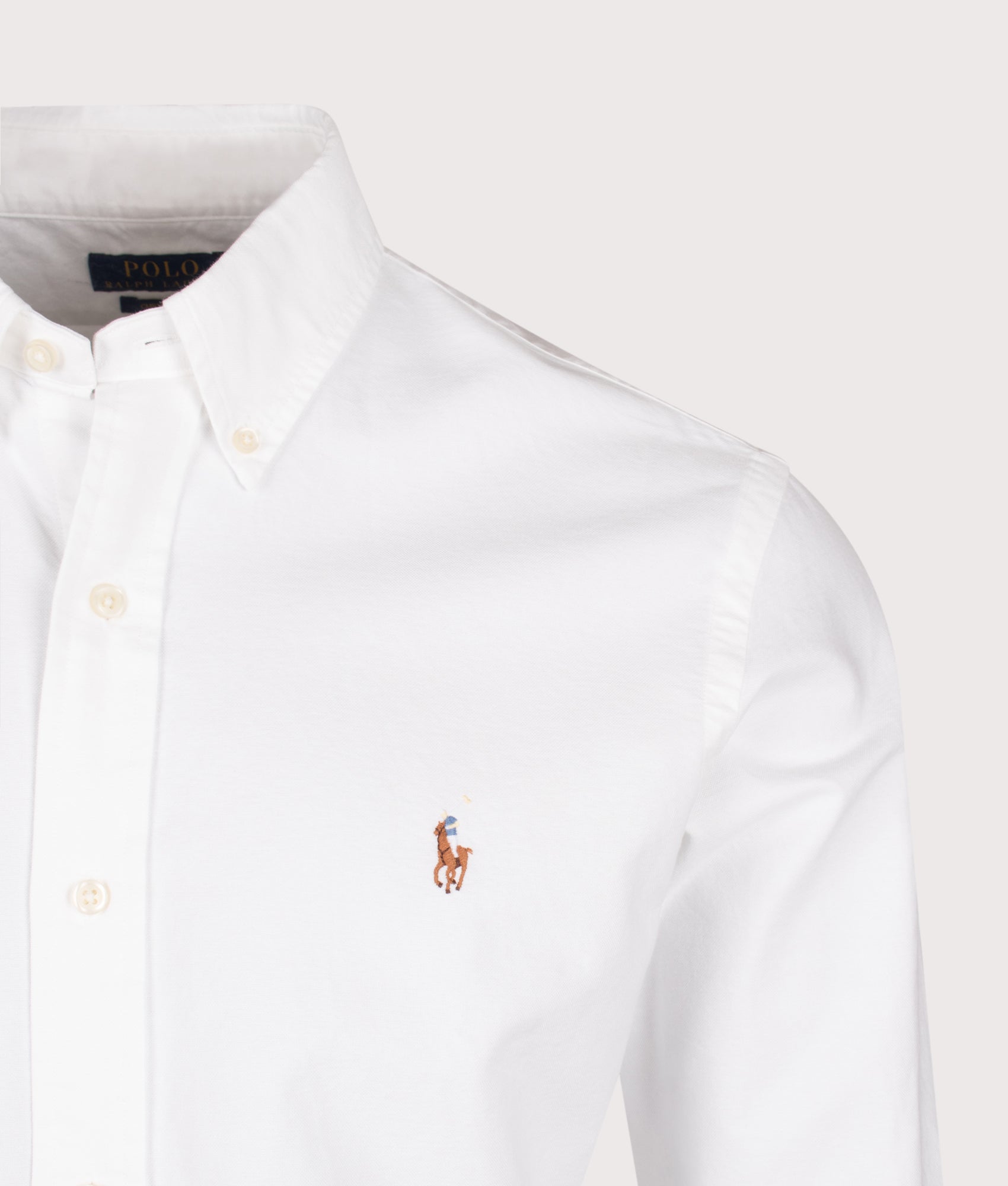 Polo Ralph Lauren Custom Fit Oxford Shirt in White at EQVVS Menswear. Detail shot.