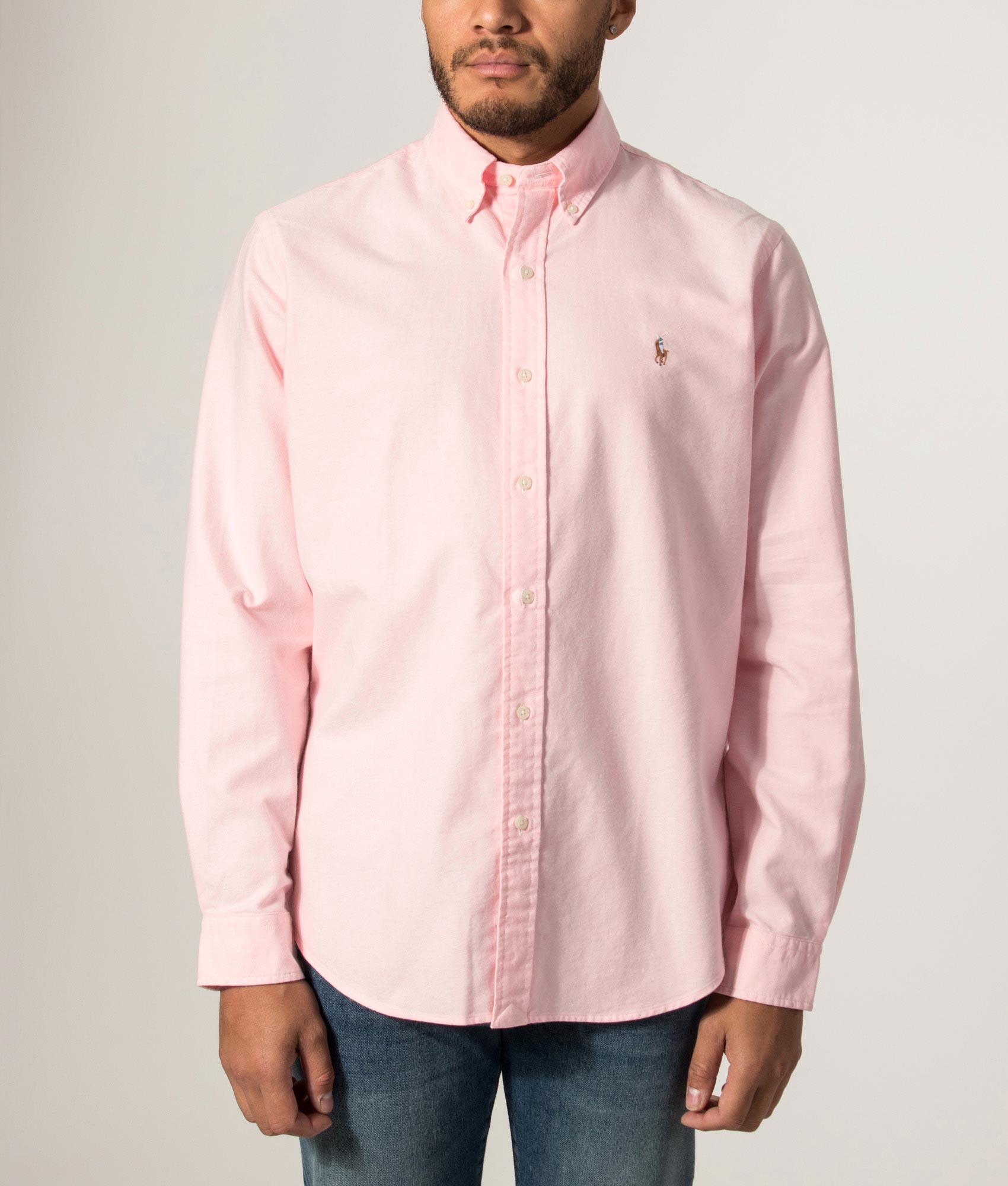 Polo Ralph Lauren Custom Fit Oxford Shirt in Pink at EQVVS Menswear. Model front shot.