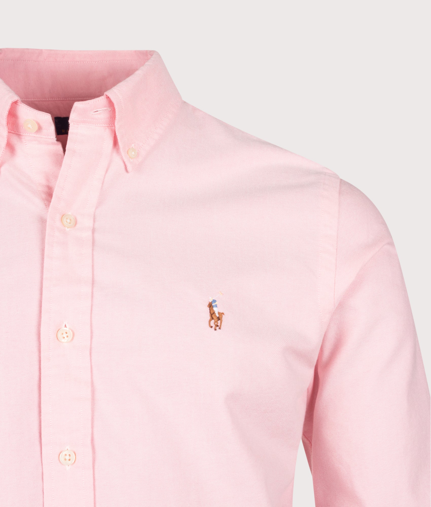 Polo Ralph Lauren Custom Fit Oxford Shirt in Pink at EQVVS Menswear. Detail shot.