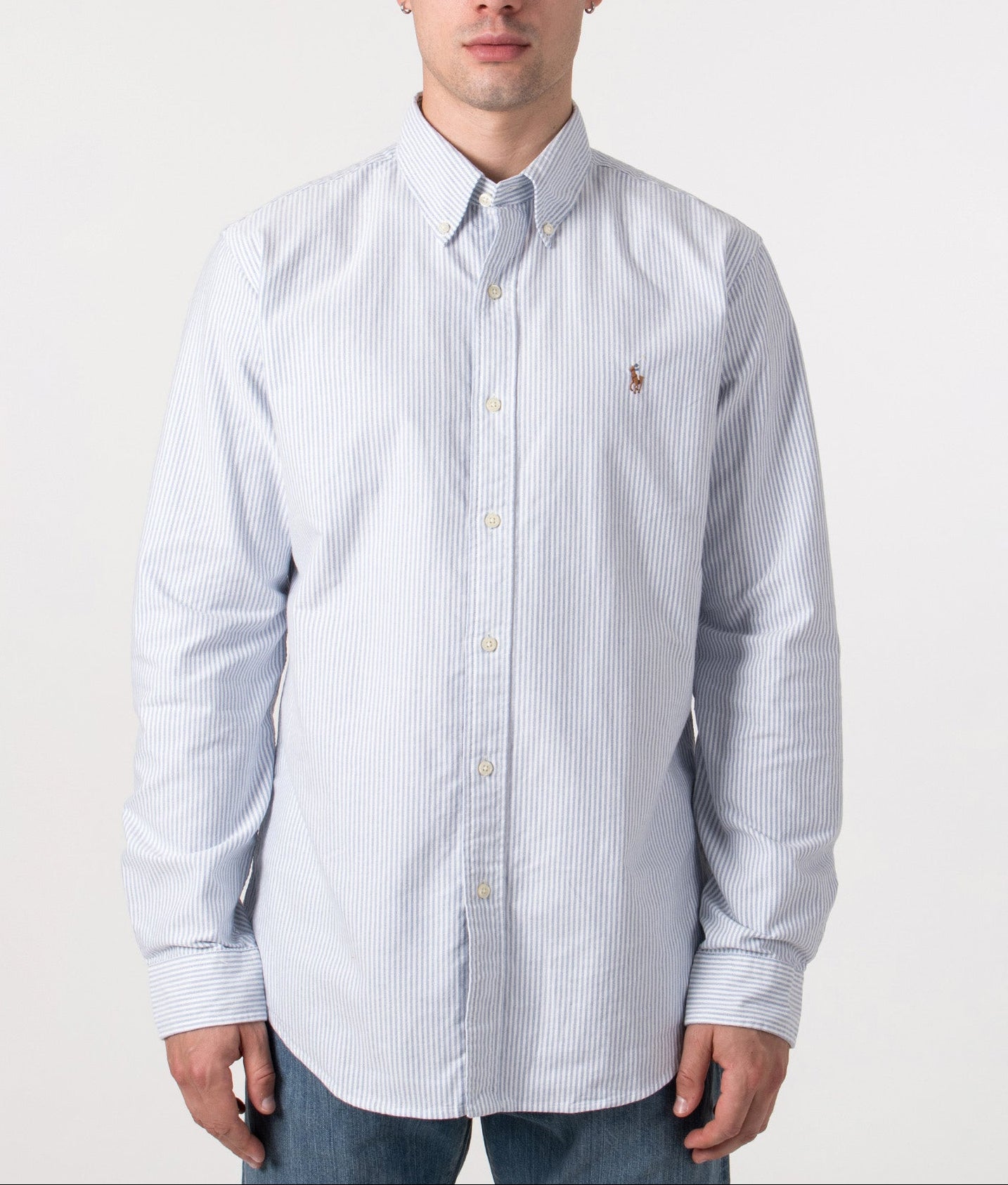 Custom-Fit-Oxford-Shirt-Blue/White-Stripe-Polo-Ralph-Lauren-EQVVS-Front-Model-Shot