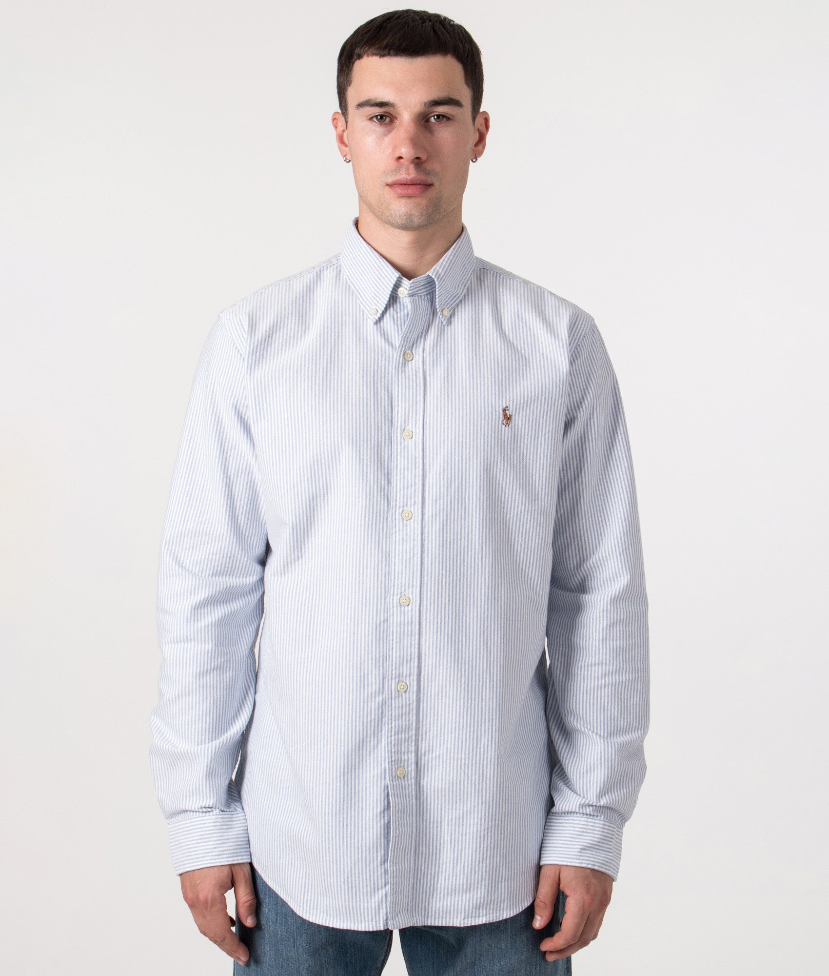 Custom-Fit-Oxford-Shirt-Blue/White-Stripe-Polo-Ralph-Lauren-EQVVS-Front-Model-Shot