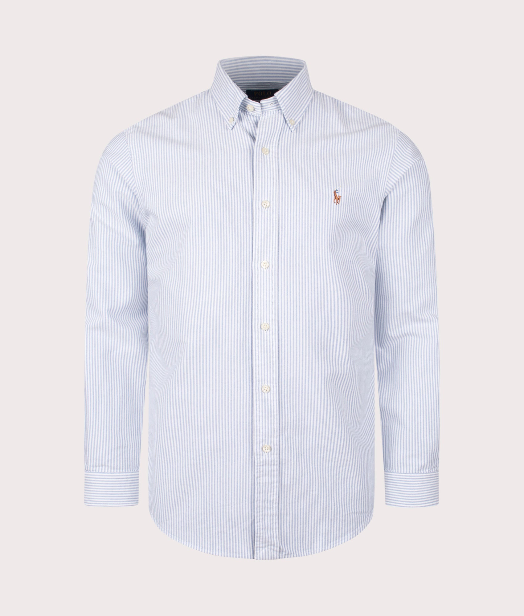 Polo Ralph Lauren Custom Fit Oxford Shirt in Blue and White stripe at EQVVS Menswear. Front shot.