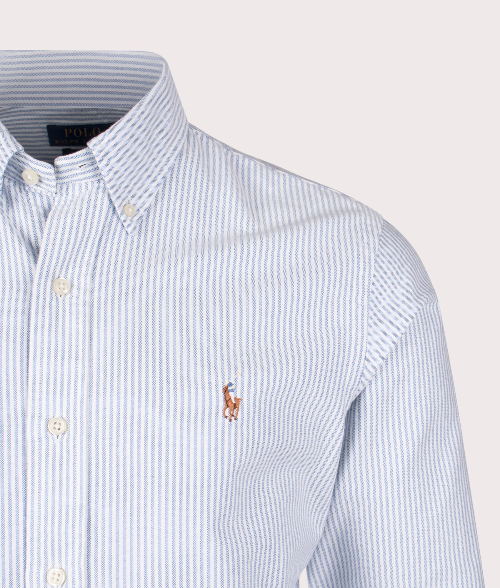Custom-Fit-Oxford-Shirt-Blue/White-Stripe-Polo-Ralph-Lauren-EQVVS-Front-detail-shot