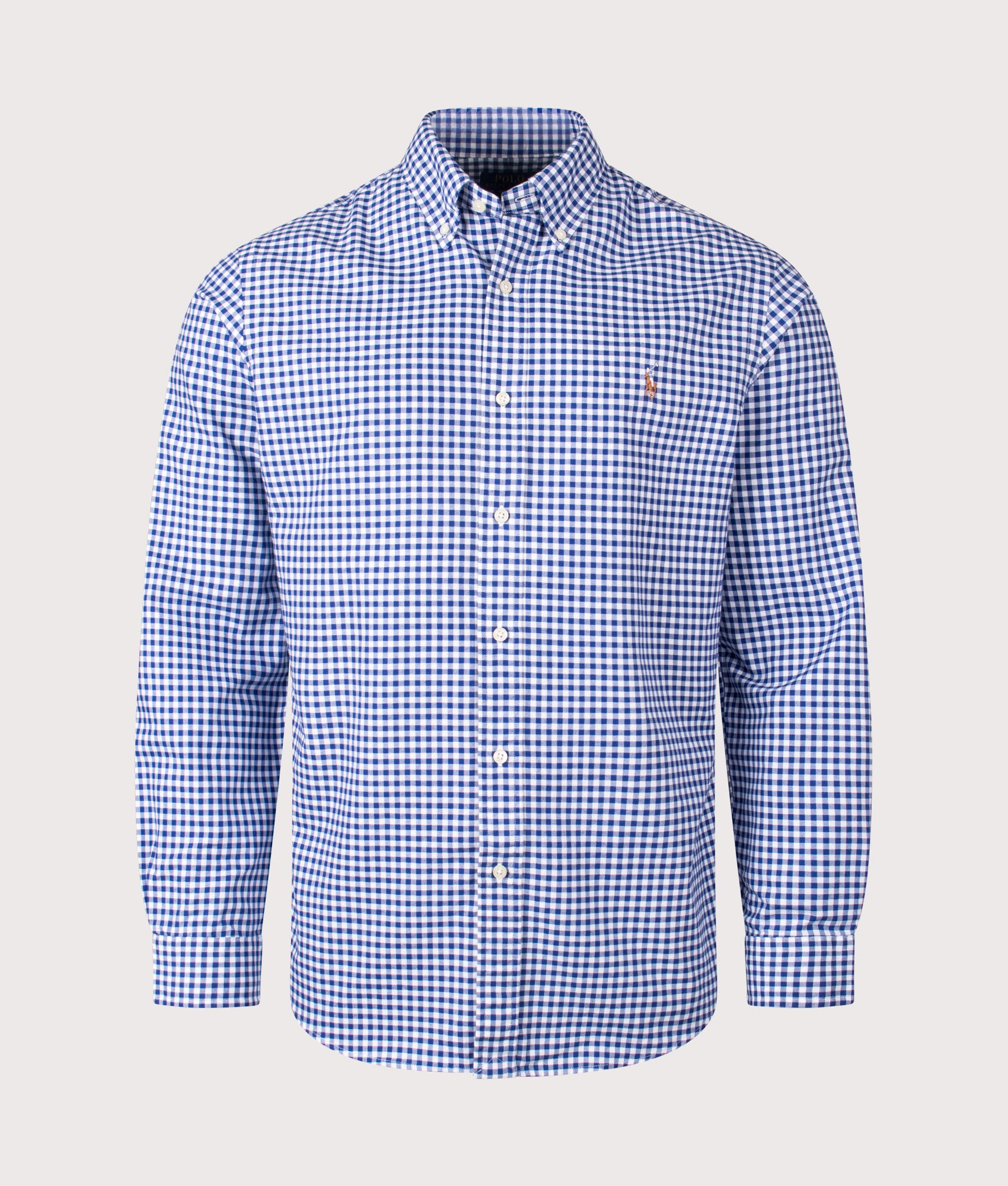 Polo Ralph Lauren Custom Fit Oxford Shirt in Blue and White Gingham at EQVVS Menswear. Front shot.