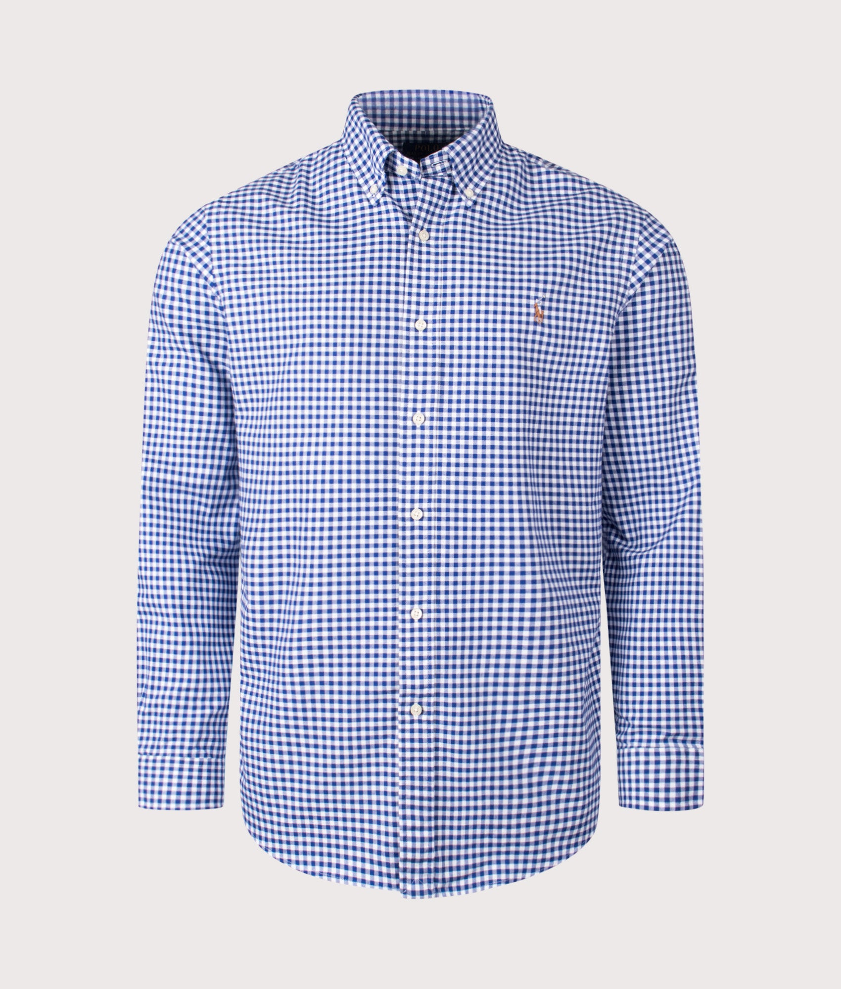 Polo Ralph Lauren Custom Fit Oxford Shirt in Blue and White Gingham at EQVVS Menswear. Front shot.