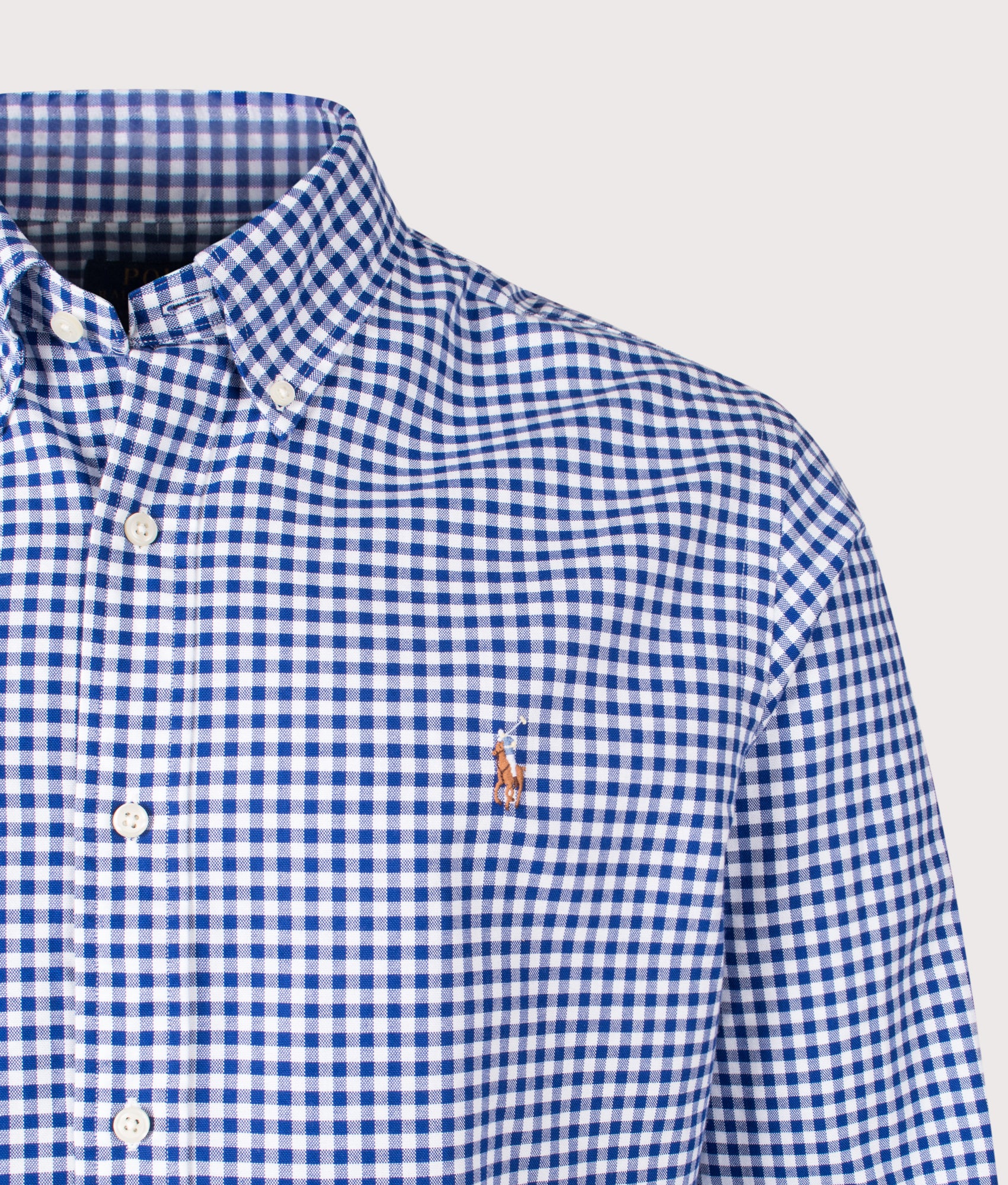 Polo Ralph Lauren Custom Fit Oxford Shirt in Blue and White Gingham at EQVVS Menswear. Detail shot.