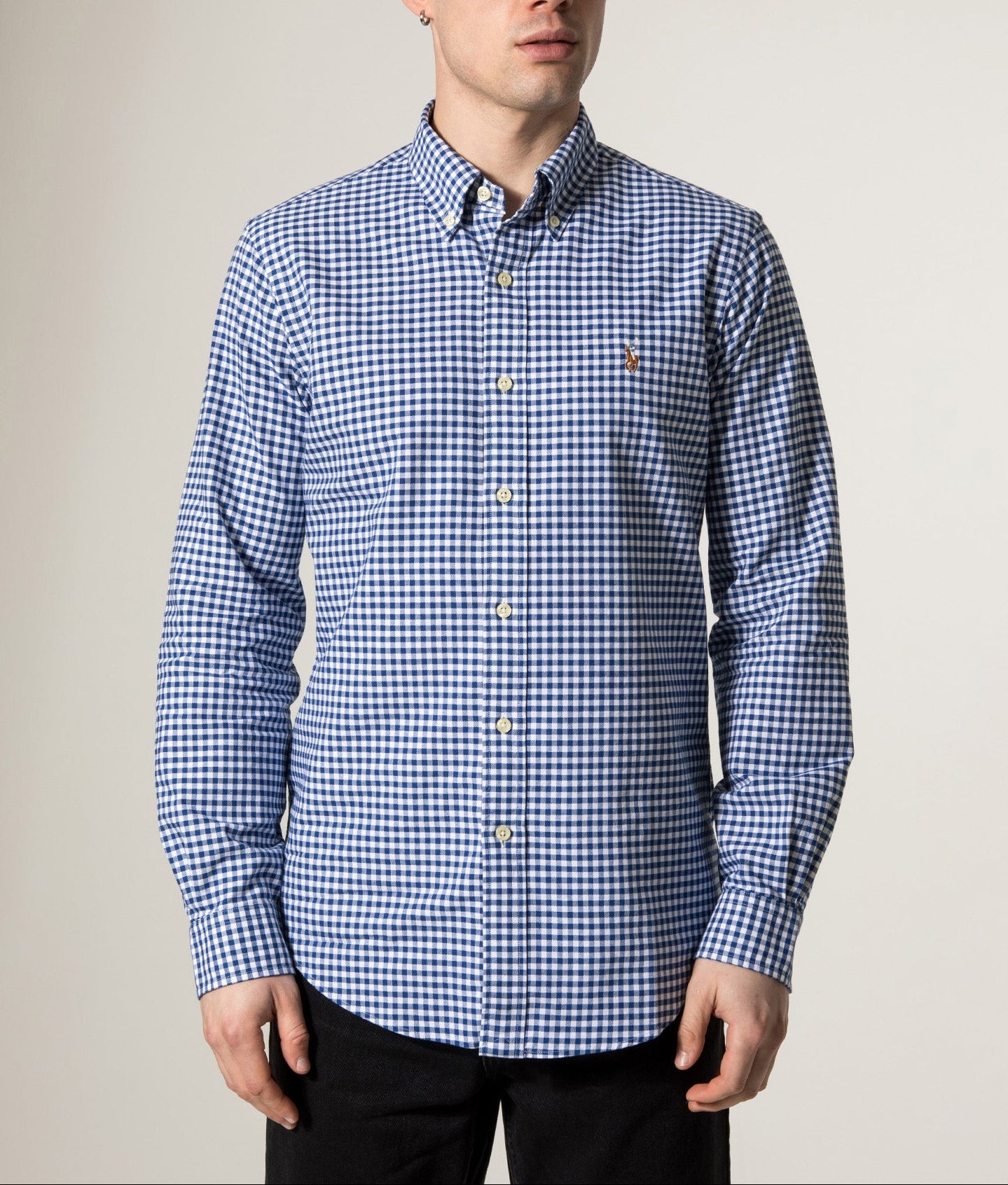 Polo Ralph Lauren Custom Fit Oxford Shirt in Blue and White Gingham at EQVVS Menswear. Model front shot.
