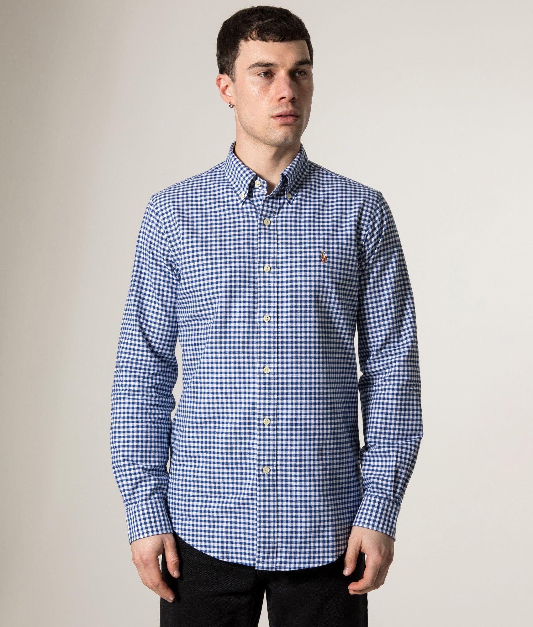 Polo Ralph Lauren Custom Fit Oxford Shirt in Blue and White Gingham at EQVVS Menswear. Model front shot.