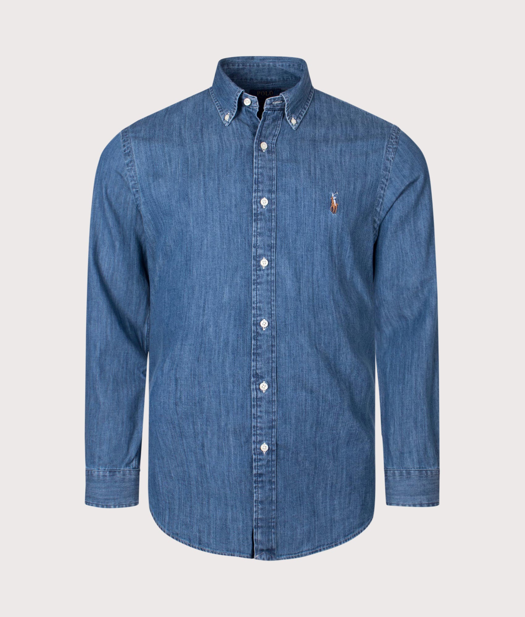 Polo Ralph Lauren Custom Slim Fit Denim Shirt in Denim at EQVVS Menswear. Front shot.