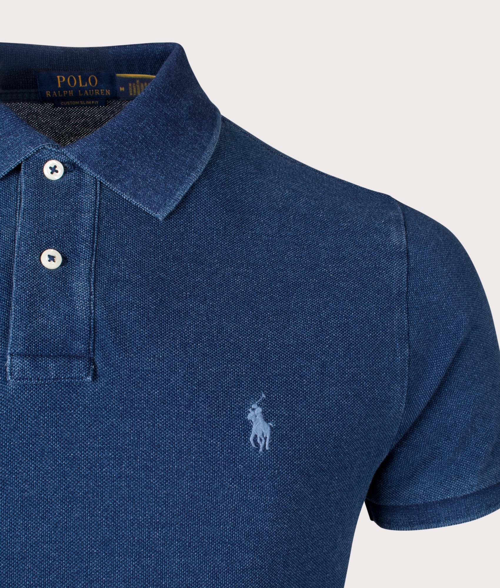 Custom Slim Fit Mesh Polo Shirt in Dark Indigo by Polo Ralph Lauren. EQVVS Shot.