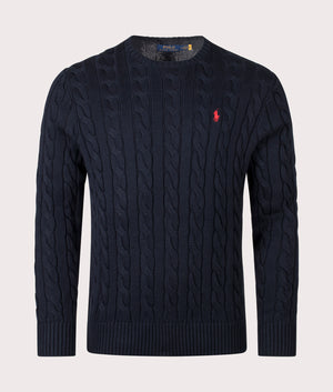 Cable Knit Cotton Jumper by Polo Ralph Lauren in Hunter Navy. Shot by EQVVS. Front shot.