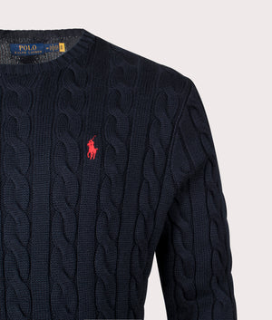 Cable Knit Cotton Jumper by Polo Ralph Lauren in Hunter Navy. Shot by EQVVS. Detail shot.