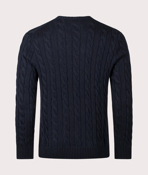 Cable Knit Cotton Jumper by Polo Ralph Lauren in Hunter Navy. Shot by EQVVS. Back shot.