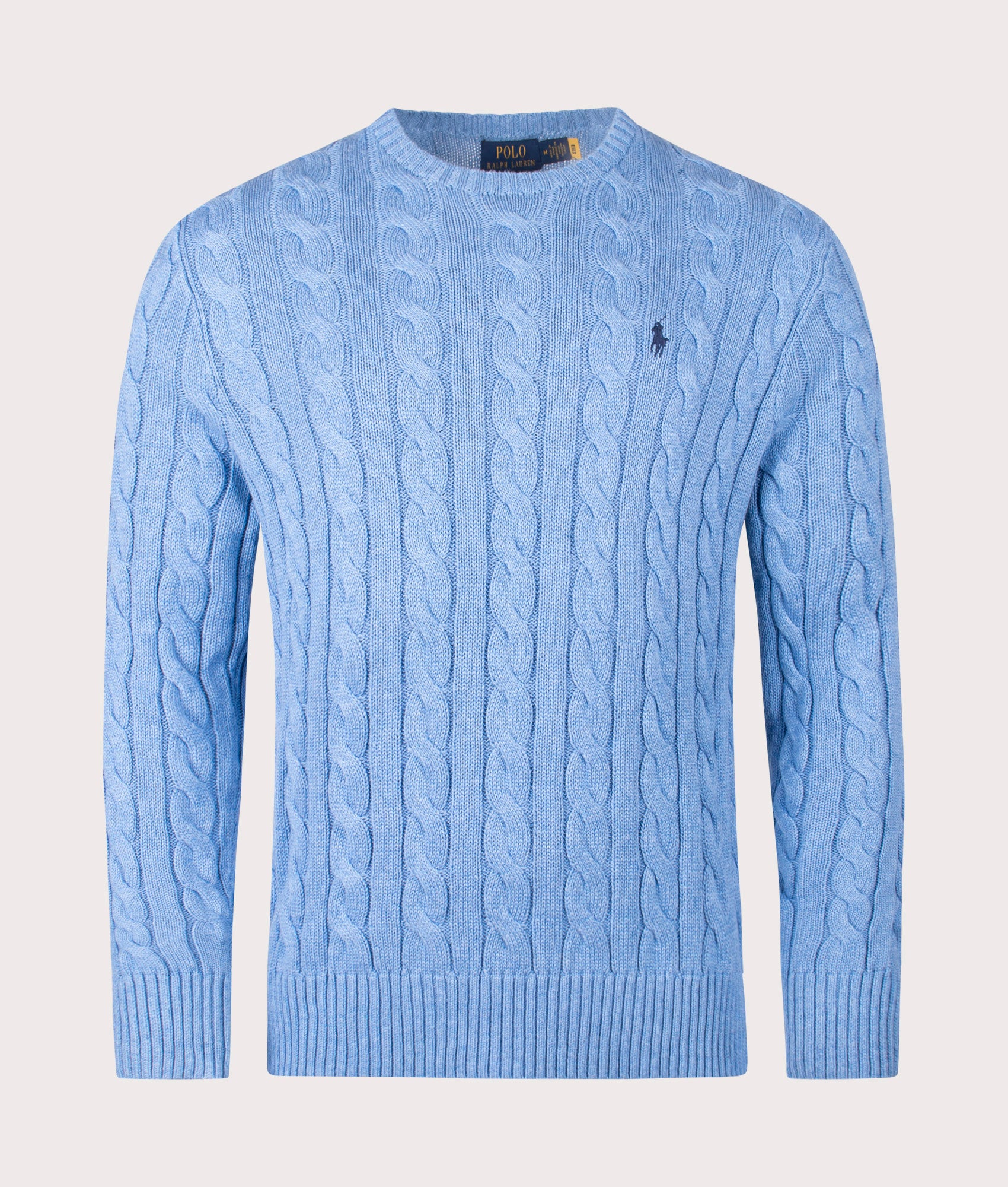 Cable Knit Cotton Jumper by Polo Ralph Lauren in Soft Royal Heather. Shot by EQVVS. Front Shot.