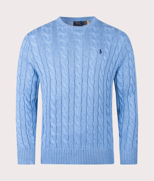 Cable Knit Cotton Jumper by Polo Ralph Lauren in Soft Royal Heather. Shot by EQVVS. Front Shot.