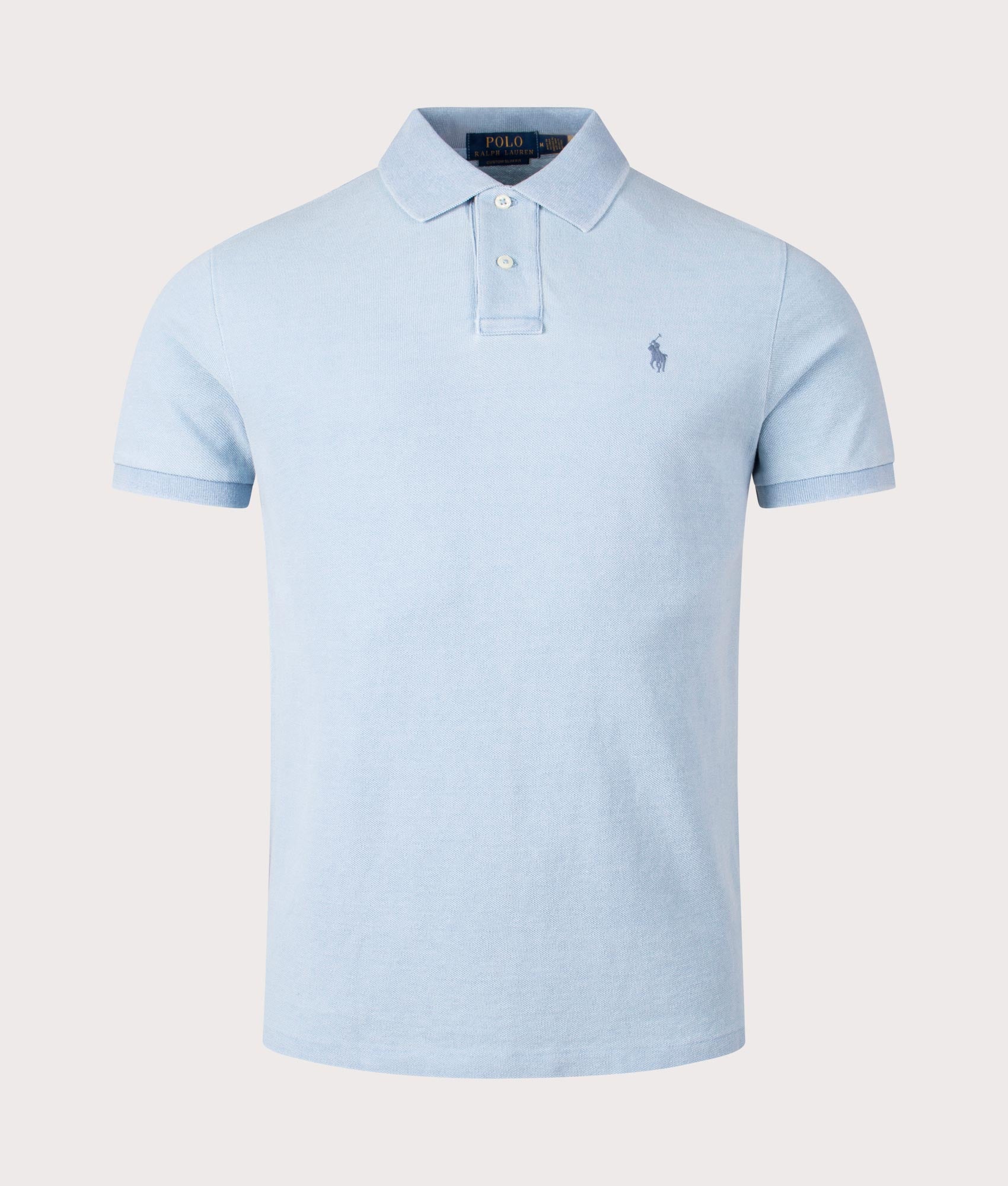 Custom Slim Fit Mesh Polo Shirt in Light Indigo by Polo Ralph Lauren. EQVVS Shot. 