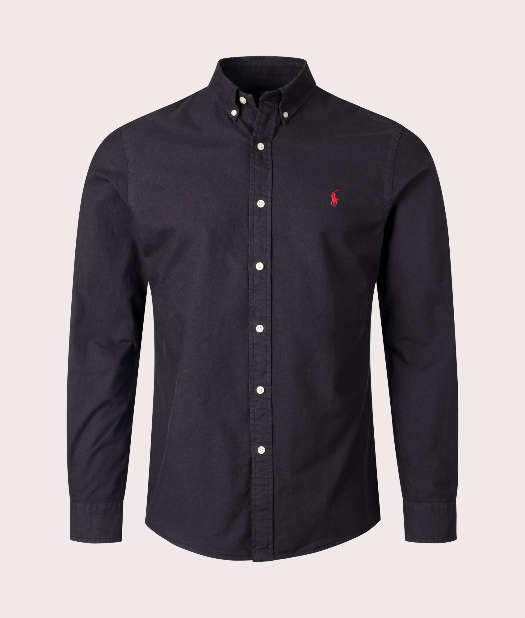 Polo Ralph Lauren Slim Fit Oxford Sport Shirt in Black. Shot at EQVVS.  Front shot. 