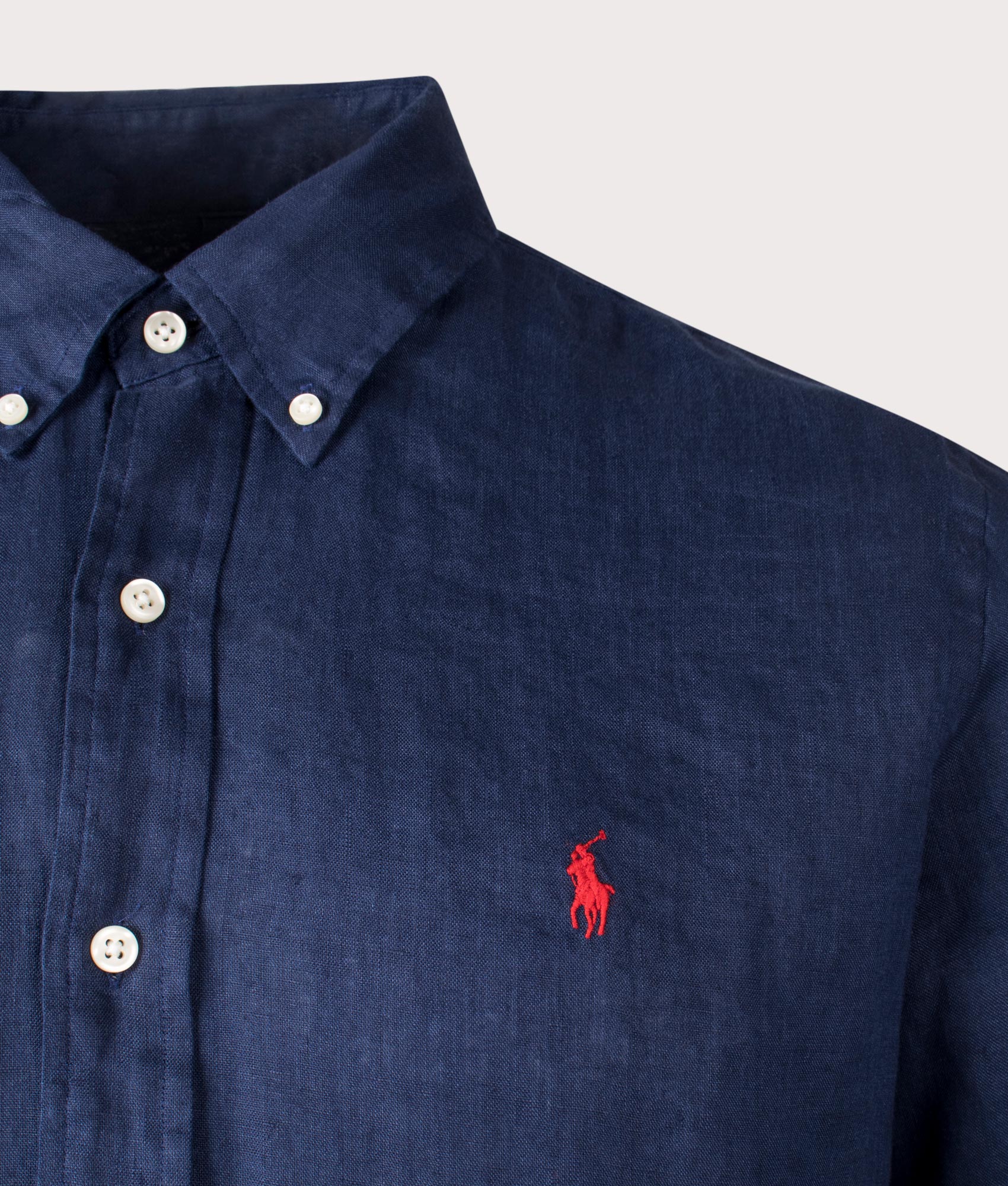 Polo Ralph Lauren Custom Fit Linen Shirt in Newport Navy at EQVVS. Front Shot. 