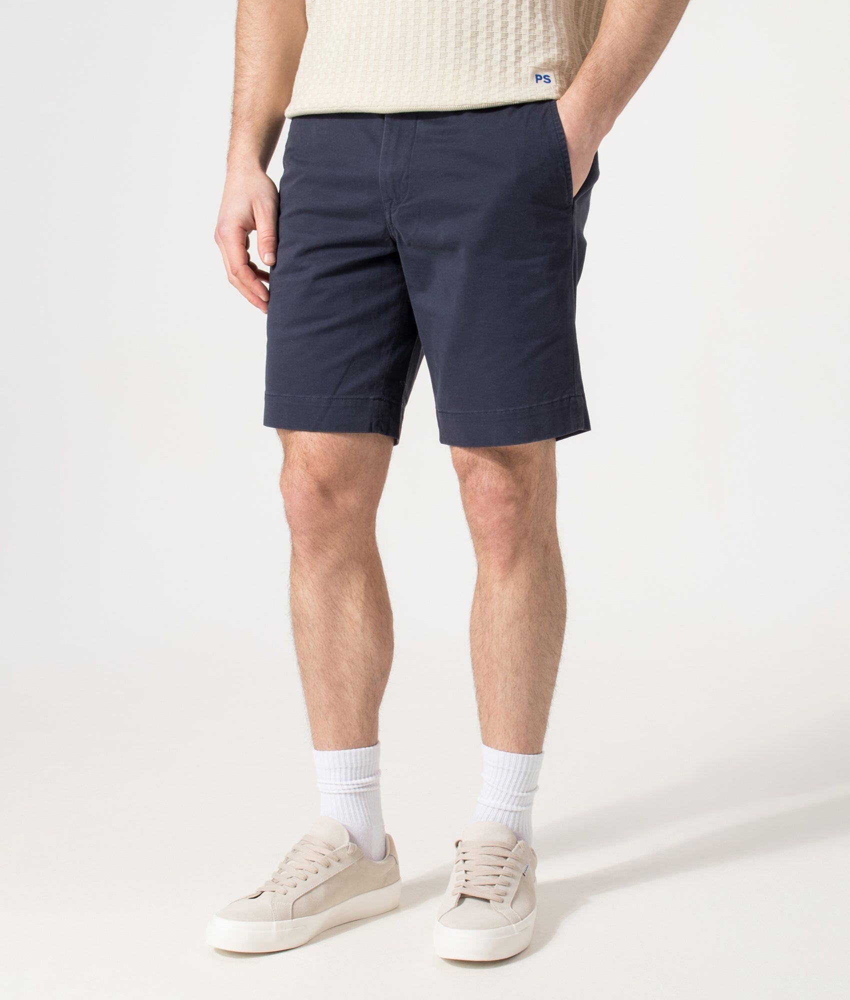Polo Ralph Lauren Regular Fit Bedford Stretch Chino Shorts in Nautical Ink at EQVVS Menswear. Angled model front shot.