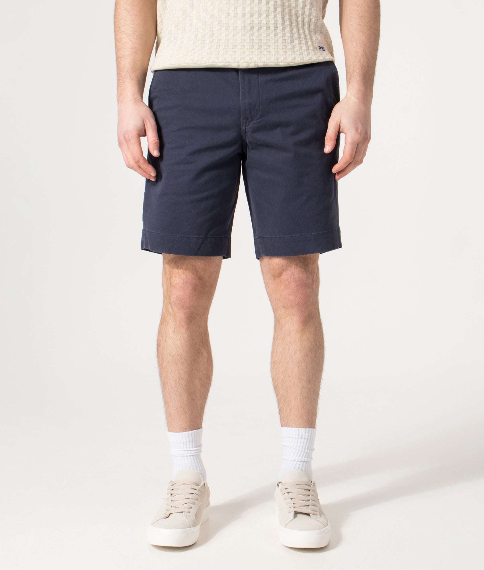 Polo Ralph Lauren Regular Fit Bedford Stretch Chino Shorts in Nautical Ink at EQVVS Menswear. Model front shot.