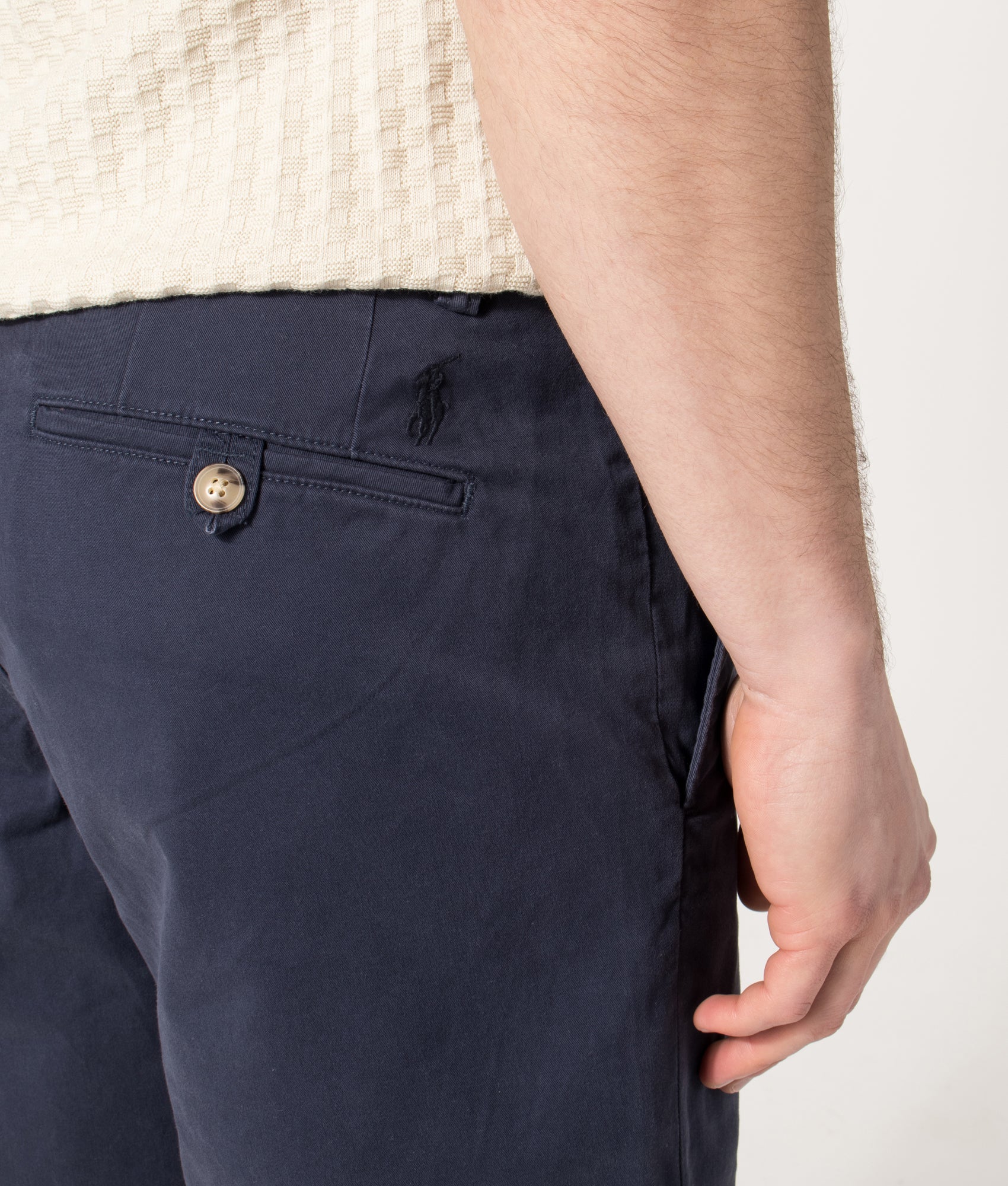 Polo Ralph Lauren Regular Fit Bedford Stretch Chino Shorts in Nautical Ink at EQVVS Menswear. Back detail shot.