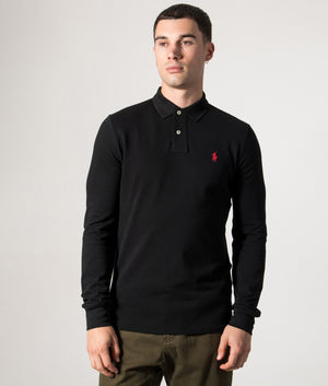 Polo Ralph Lauren Custom Slim Fit Long Sleeve Polo Shirt in Black  at EQVVS Menswear Model Front Shot.