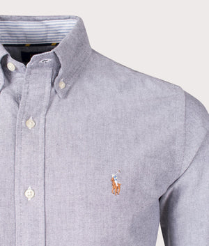 Custom Fit Lightweight Oxford Shirt in Slate by Polo Ralph Lauren. Detail Shot.