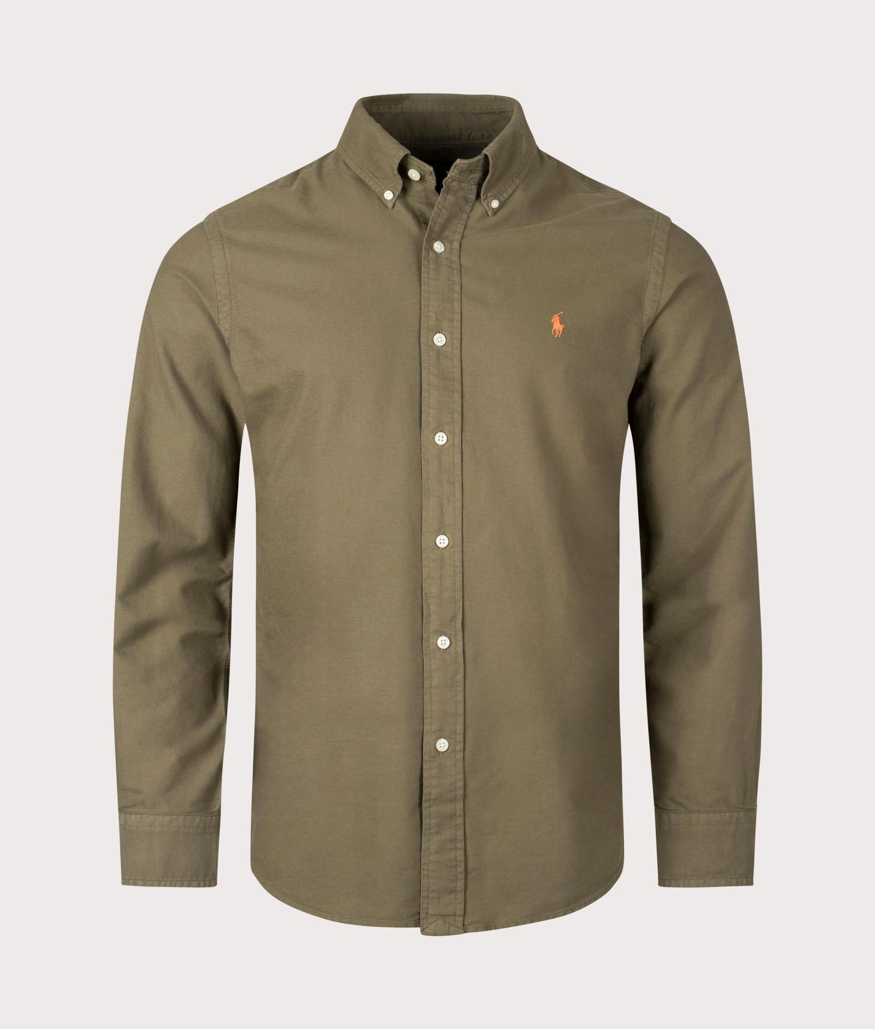 Custom Fit Garment-Dyed Oxford Shirt in Canapy Olive by Polo Ralph Lauren. EQVVS Front Angle Shot.