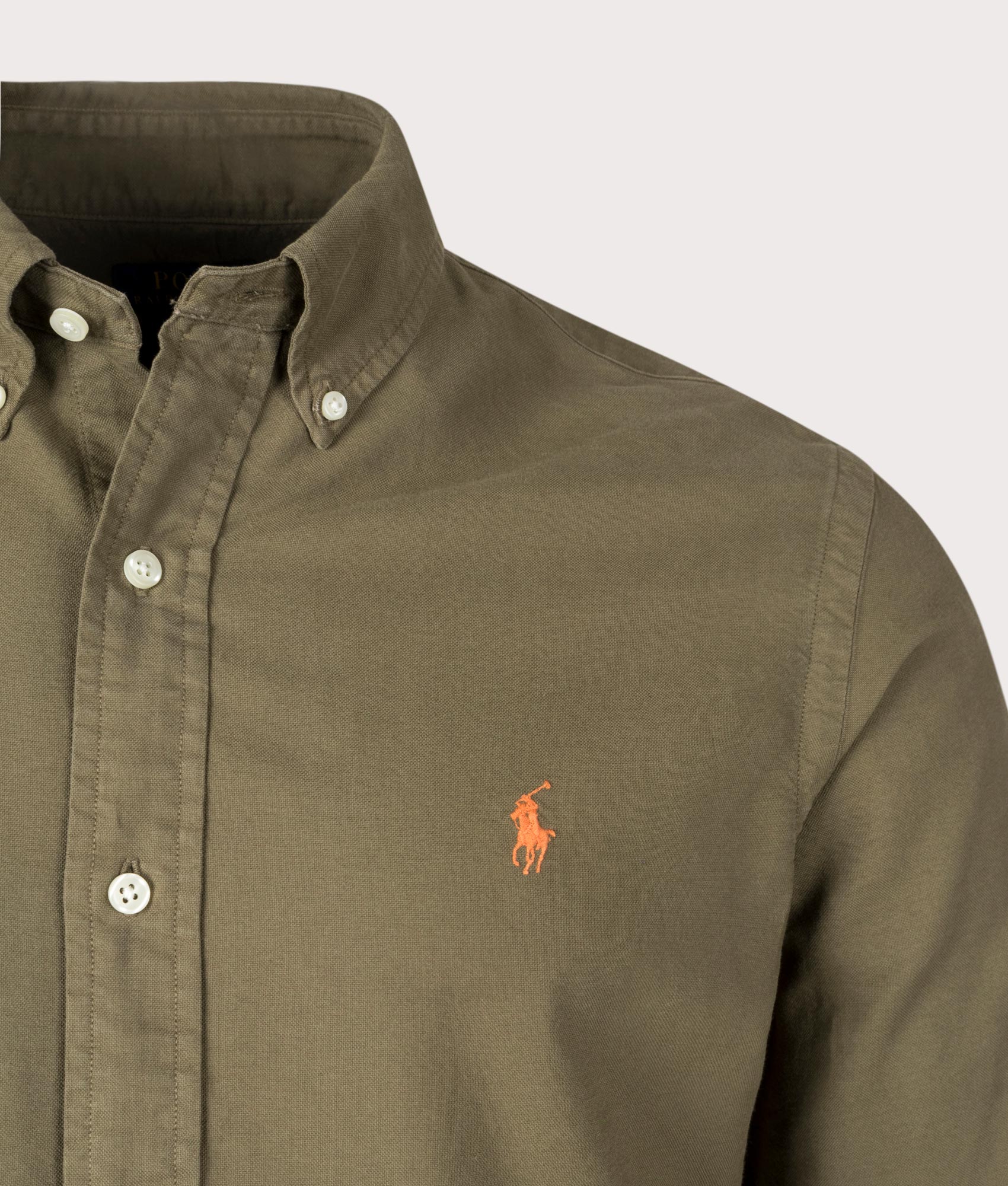 Custom Fit Garment-Dyed Oxford Shirt in Canapy Olive by Polo Ralph Lauren. EQVVS Detail Shot.