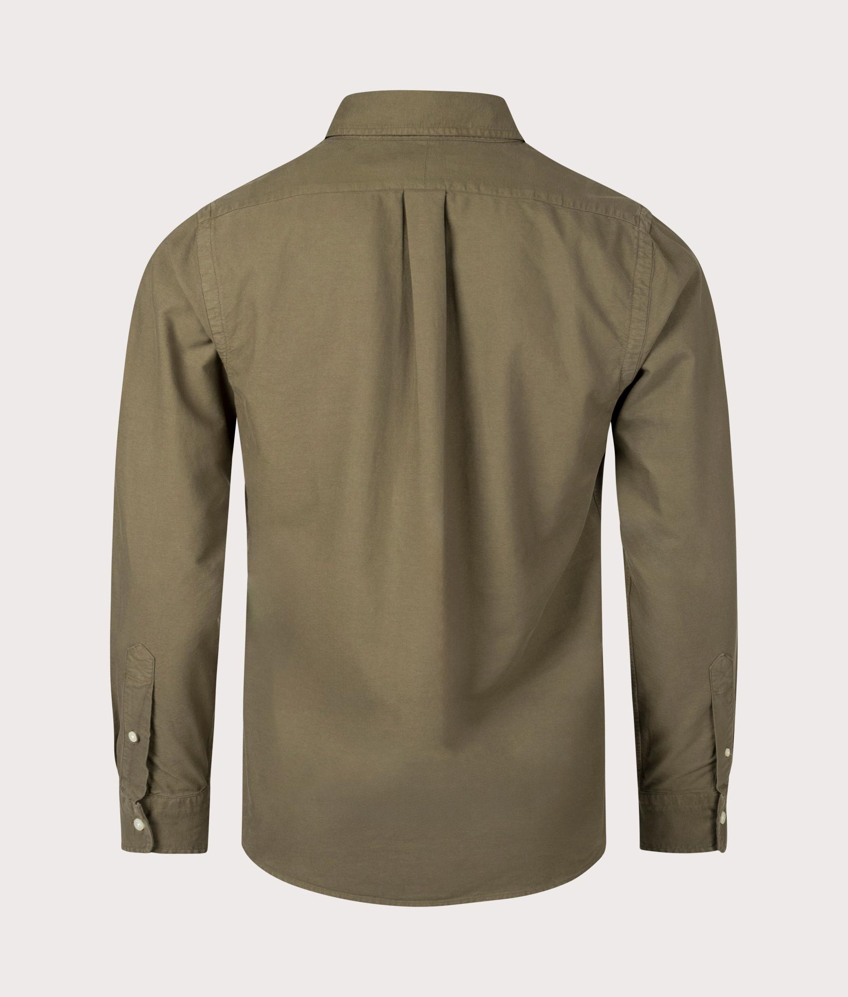 Custom Fit Garment-Dyed Oxford Shirt in Canapy Olive by Polo Ralph Lauren. EQVVS Back Angle Shot.