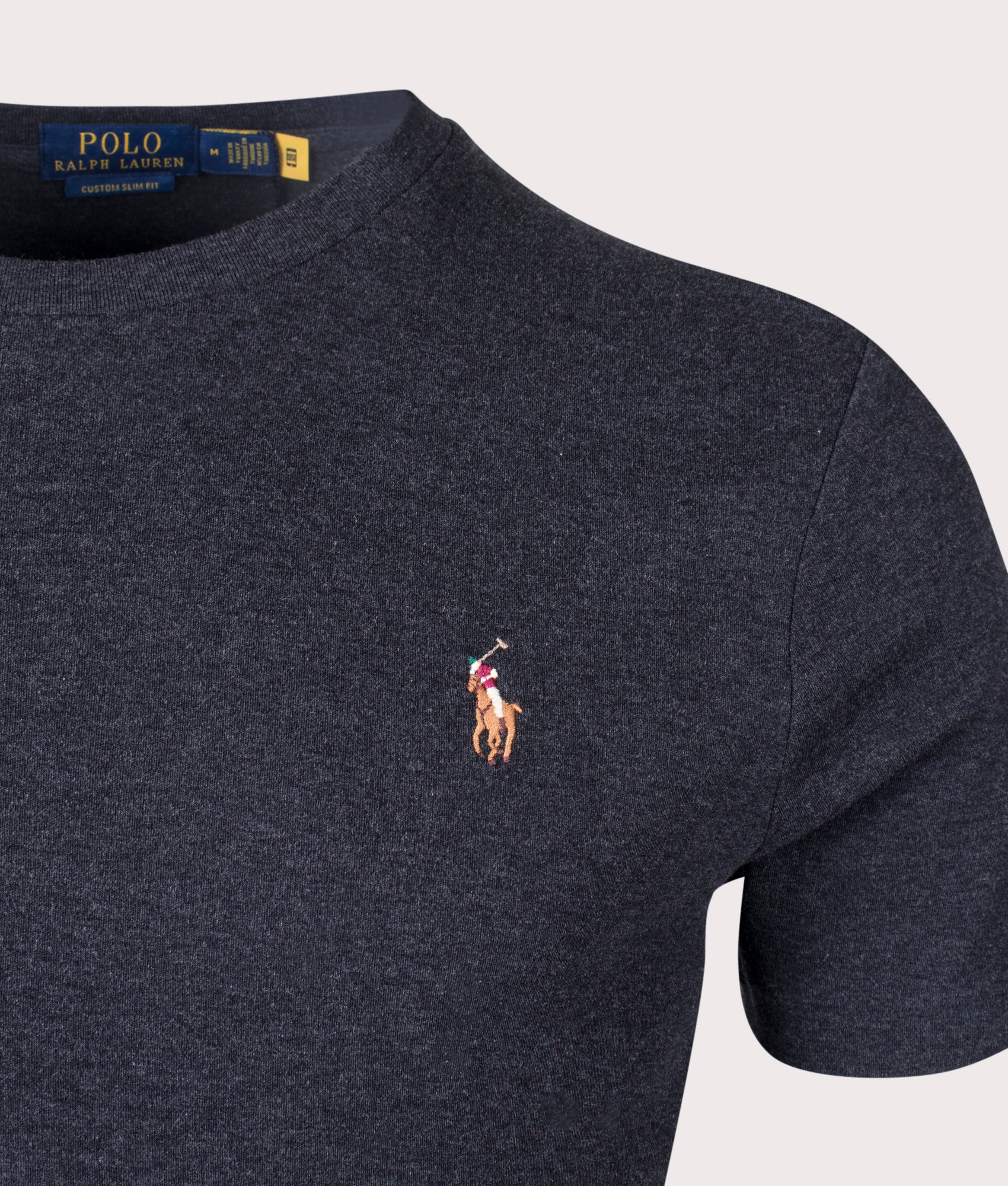Polo Ralph Lauren Custom Slim Fit Pima T-Shirt in Black Marl Heather Detail Shot at EQVVS