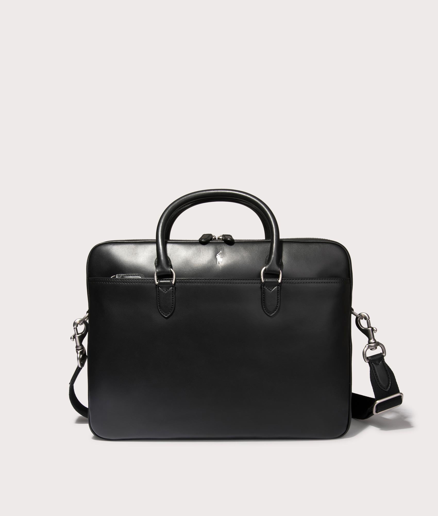 Polo Ralph Lauren Leather Briefcase Bag  in Black. Shot at EQVVS. Back shot 
