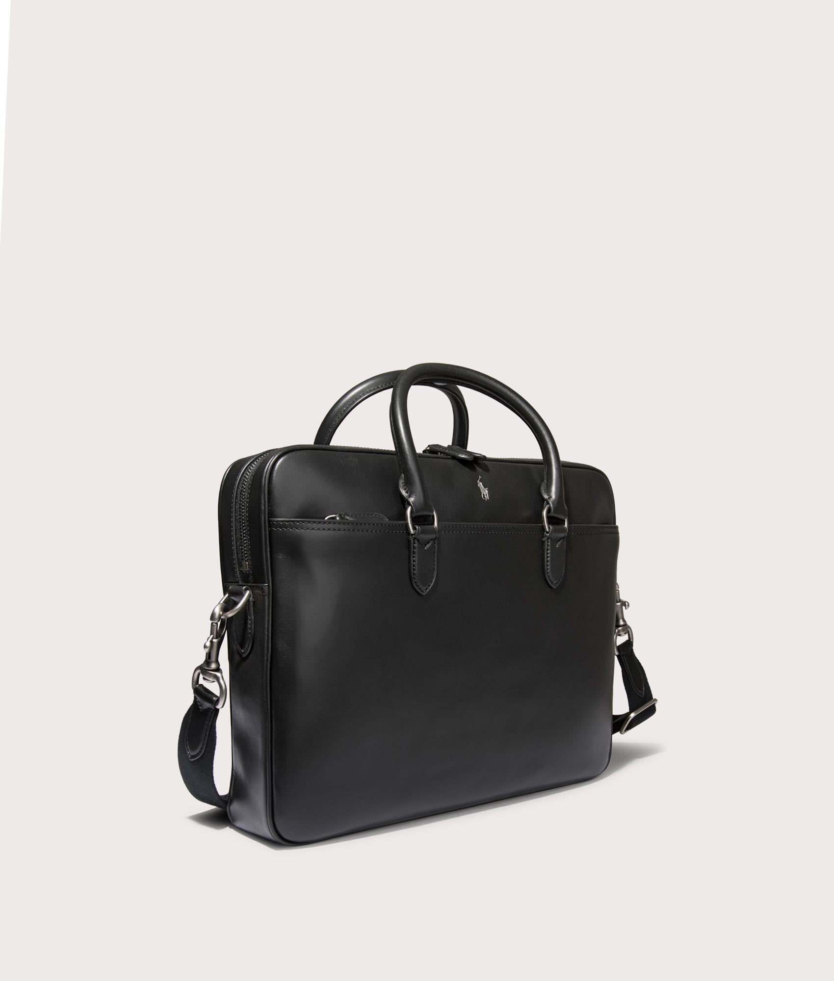 Polo Ralph Lauren Leather Briefcase Bag  in Black. Shot at EQVVS. Angle shot 