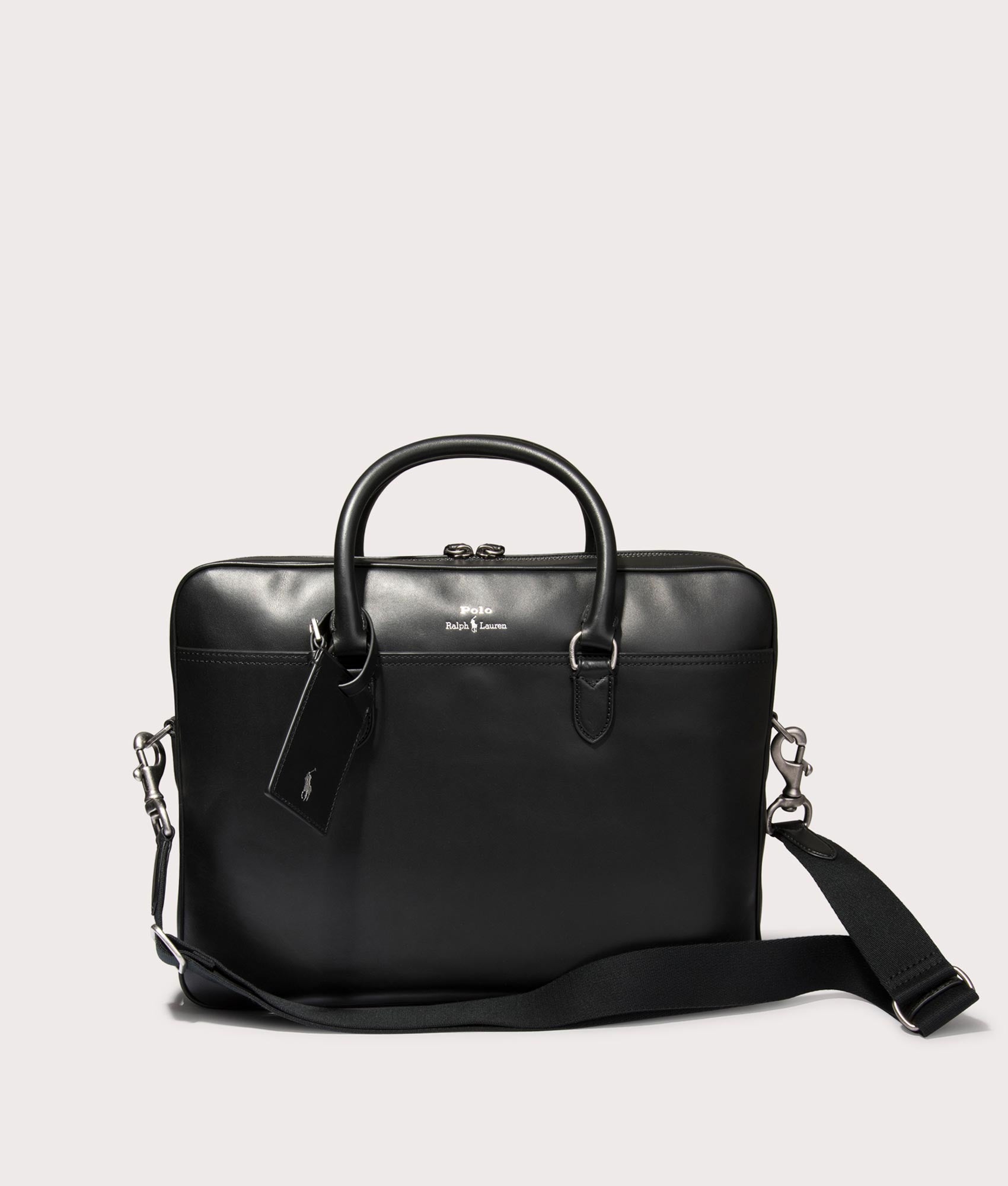 Polo Ralph Lauren Leather Briefcase Bag  in Black. Shot at EQVVS.  Front shot 