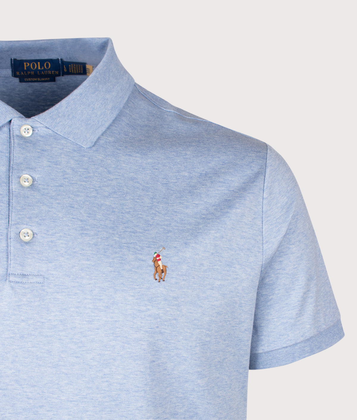 Polo Ralph Lauren Custom Slim Fit Soft Cotton Polo Shirt in Jamaica Heather at EQVVS Menswear. Detail shot.
