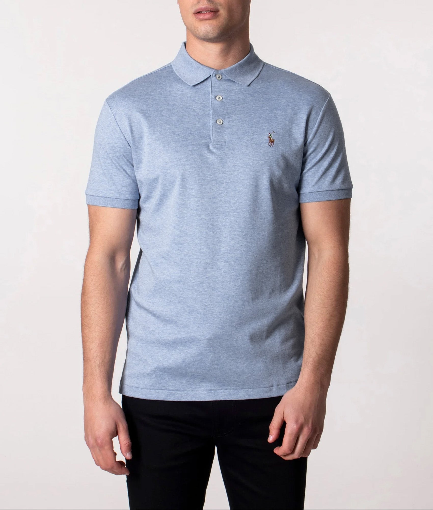 Polo Ralph Lauren Custom Slim Fit Soft Cotton Polo Shirt in Jamaica Heather at EQVVS Menswear. Detail shot.