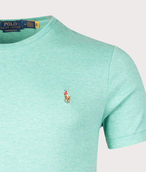 Polo Ralph Lauren Custom Slim Fit Pima T-Shirt in Resort Green Heather, 100% Cotton Detail Shot at EQVVS