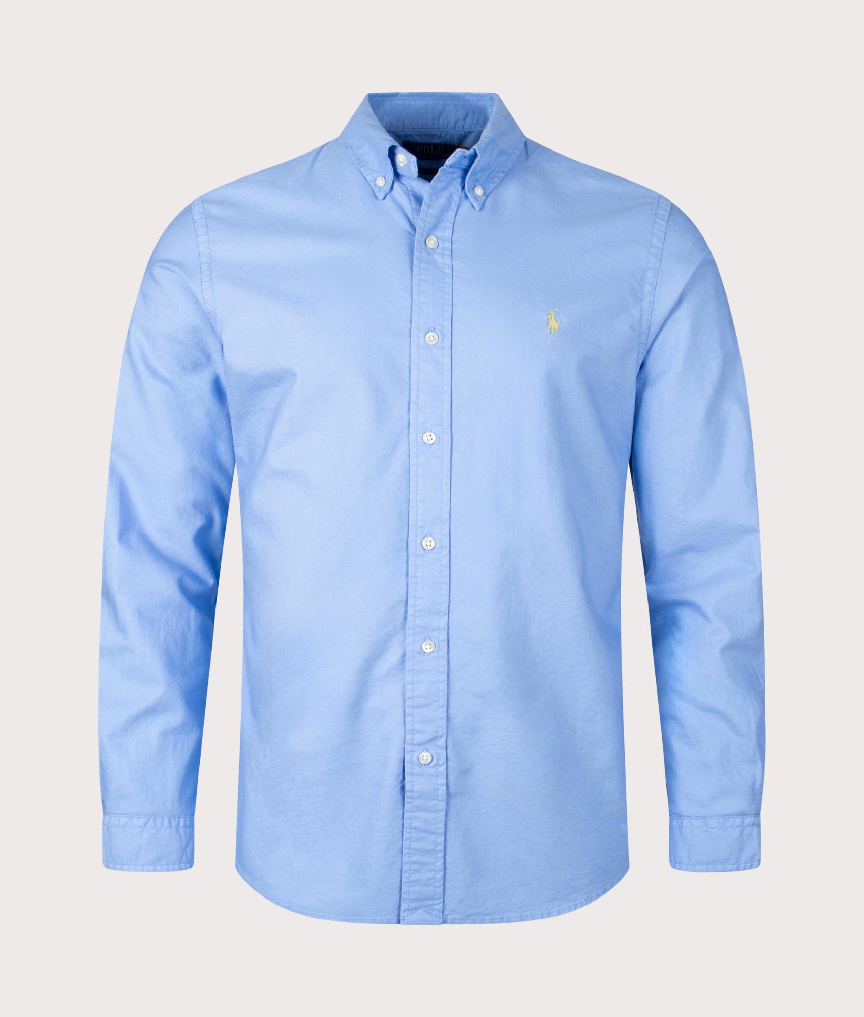 Custom Fit Garment-Dyed Oxford Shirt in Harbor Island Blue by Polo Ralph Lauren. EQVVS Front Angle Shot.