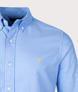 Custom Fit Garment-Dyed Oxford Shirt in Harbor Island Blue by Polo Ralph Lauren. EQVVS Detail Shot.