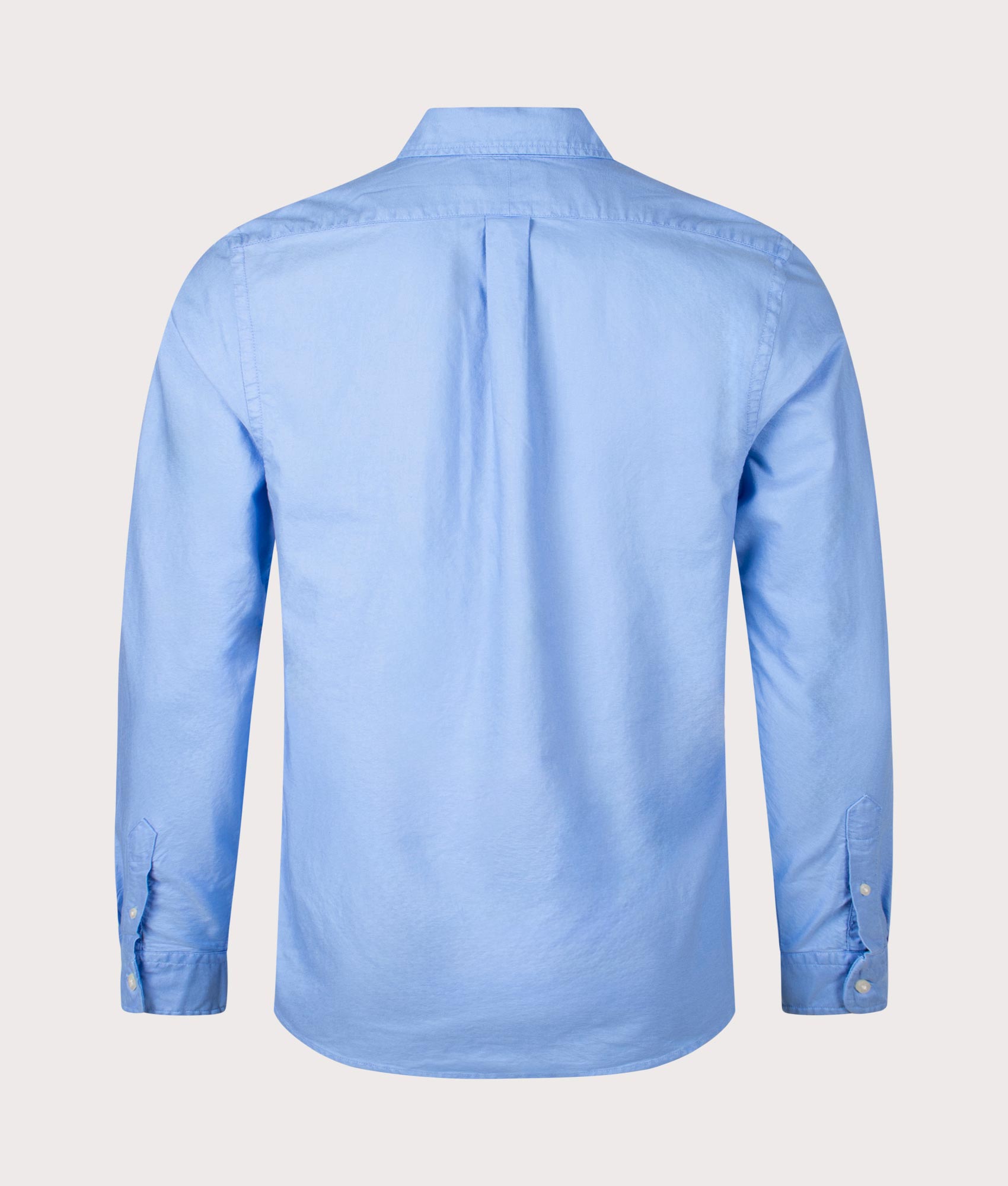 Custom Fit Garment-Dyed Oxford Shirt in Harbor Island Blue by Polo Ralph Lauren. EQVVS Back Angle Shot.