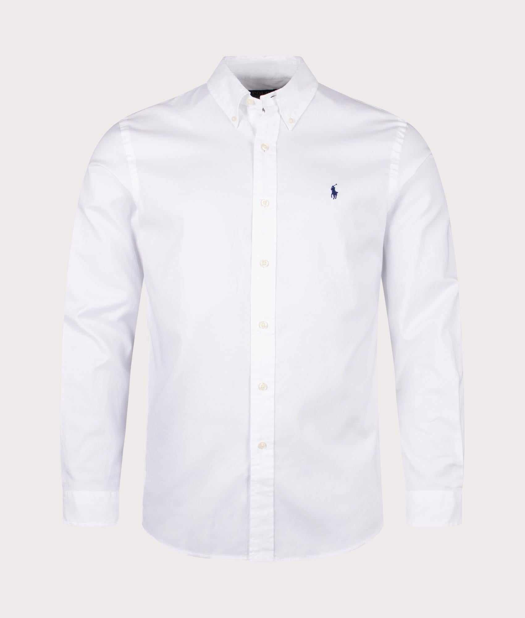 Custom Fit Stretch Oxford Shirt in White by Polo Ralph Lauren. EQVVS Front Angle Shot.