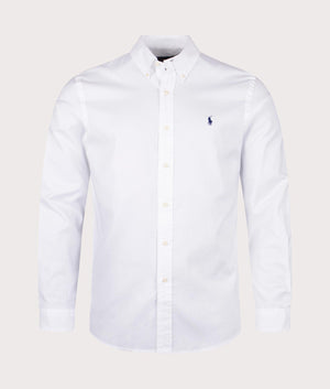 Custom Fit Stretch Oxford Shirt in White by Polo Ralph Lauren. EQVVS Front Angle Shot.