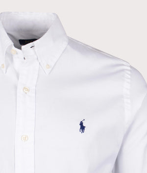 Custom Fit Stretch Oxford Shirt in White by Polo Ralph Lauren. EQVVS Detail Shot.