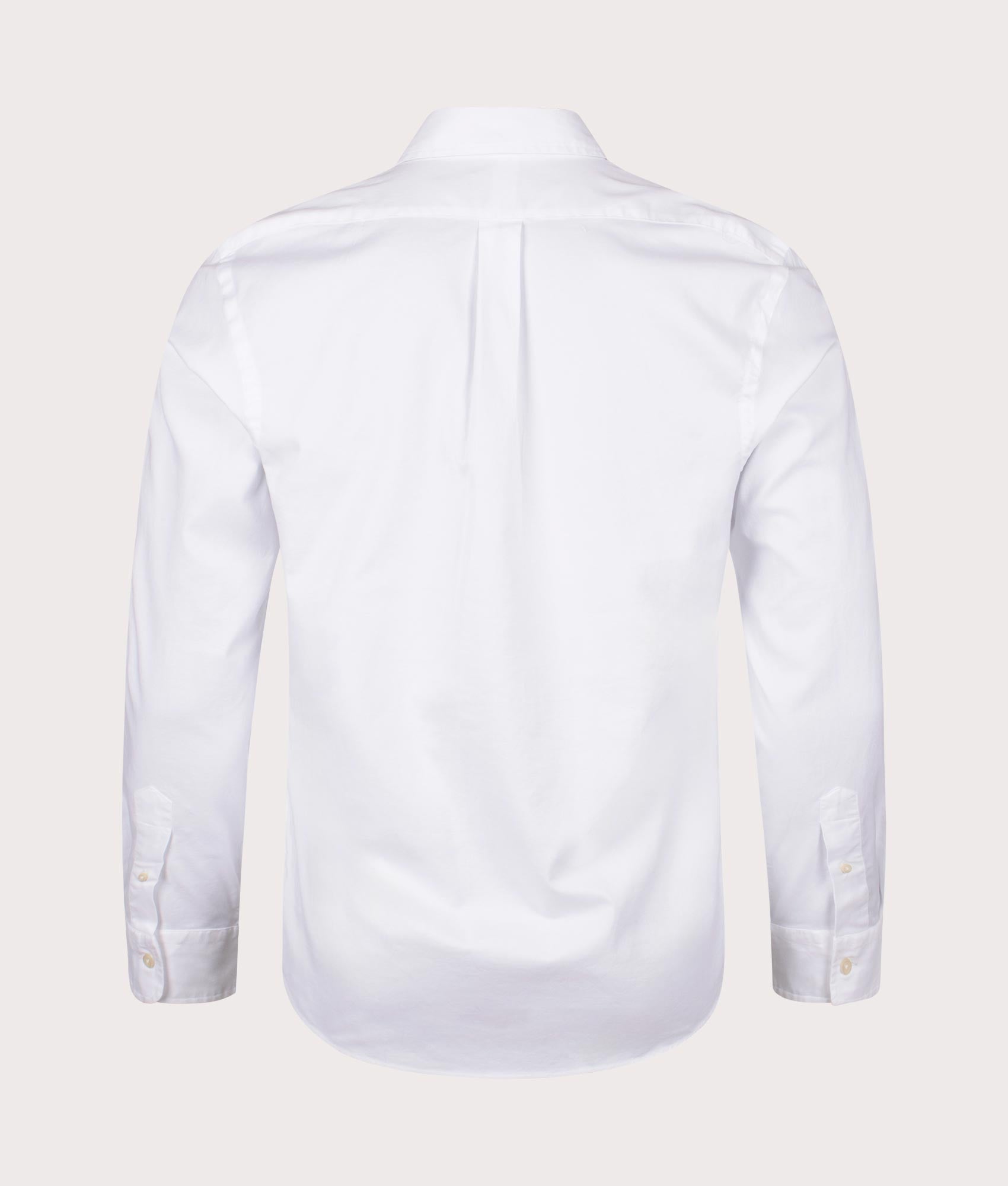 Custom Fit Stretch Oxford Shirt in White by Polo Ralph Lauren. EQVVS Back Angle Shot.