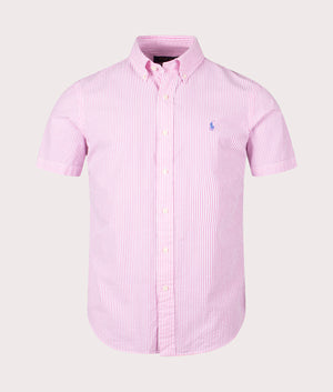 Custom Fit Short Sleeve Lightweight Stripe Shirt in Rose White by Polo Ralph Lauren. EQVVS Front Angle Shot.