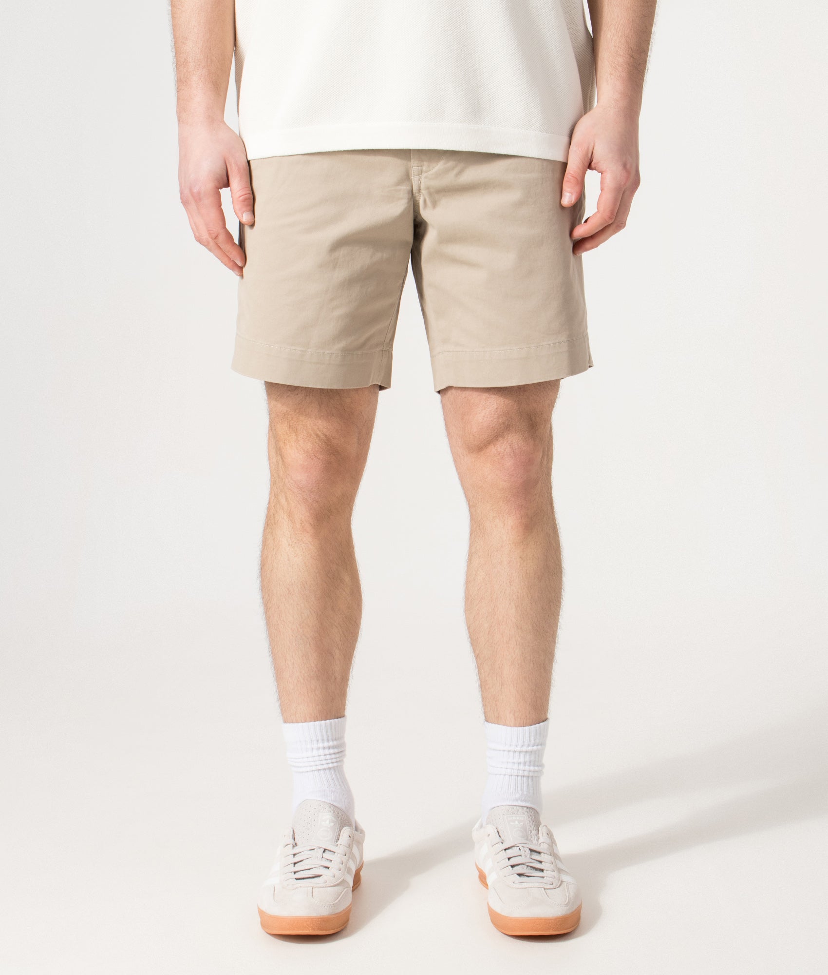 Polo Ralph Lauren Regular Fit Bedford Stretch Chino Shorts in Khaki Tan at EQVVS Menswear. Model front shot.