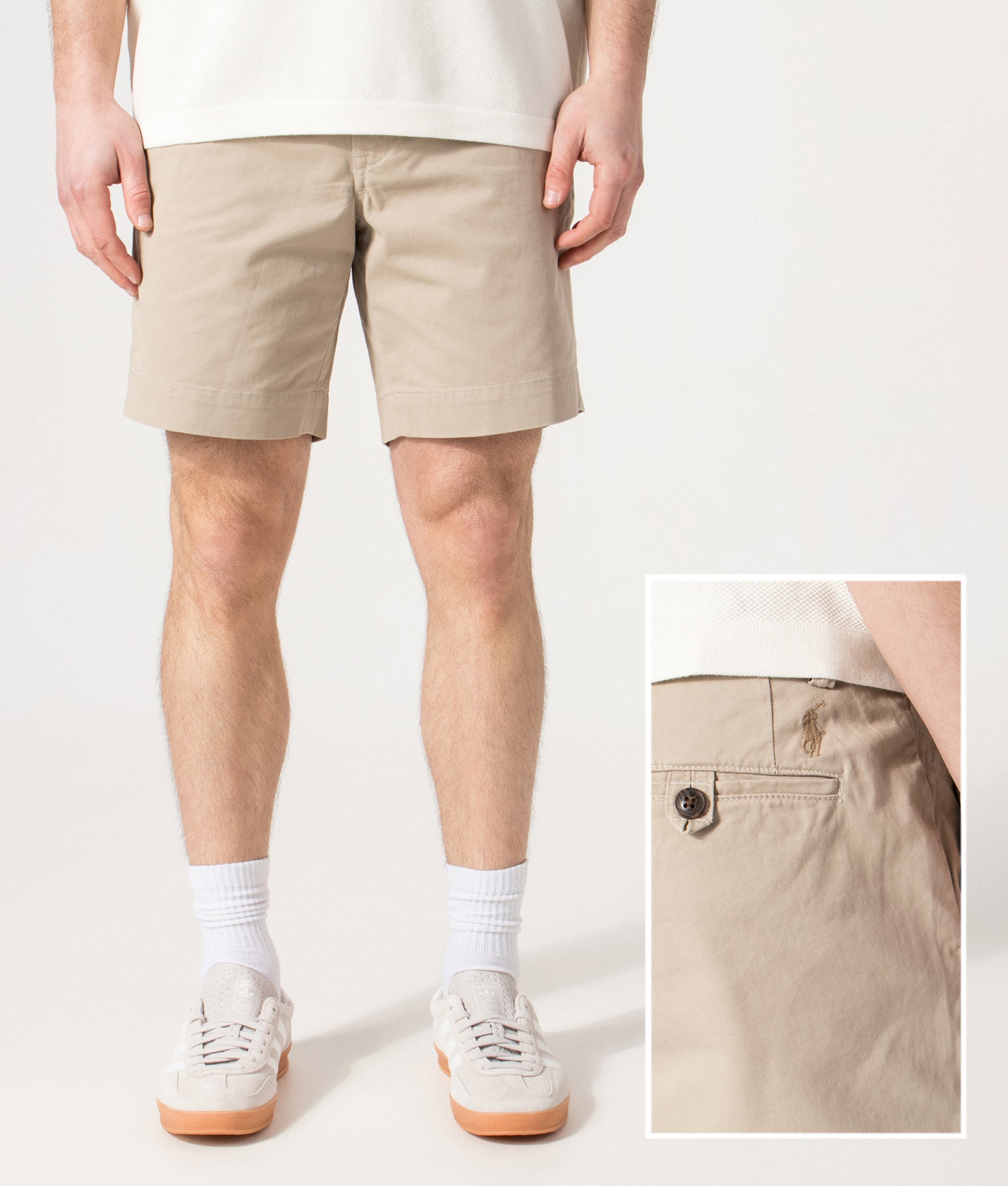 Polo Ralph Lauren Regular Fit Bedford Stretch Chino Shorts in Khaki Tan at EQVVS Menswear. Front and back shot.